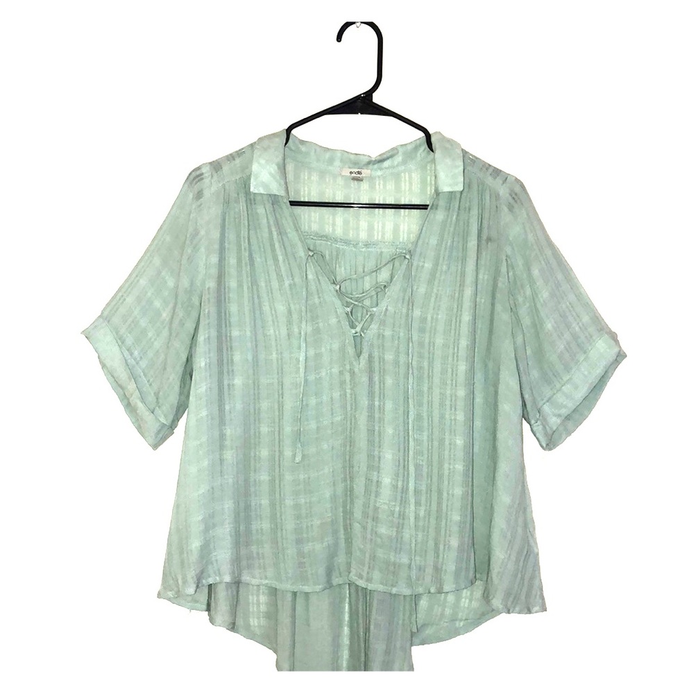 Flowing high low sea foam green tie up blouse